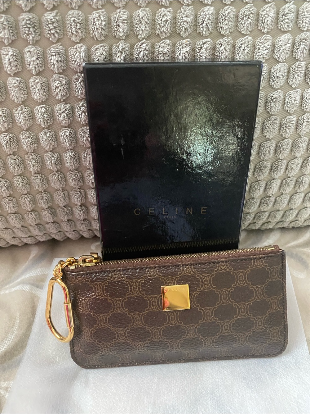 Celine Brown Triomphe Canvas Zip Key Pouch with Gold Hardware